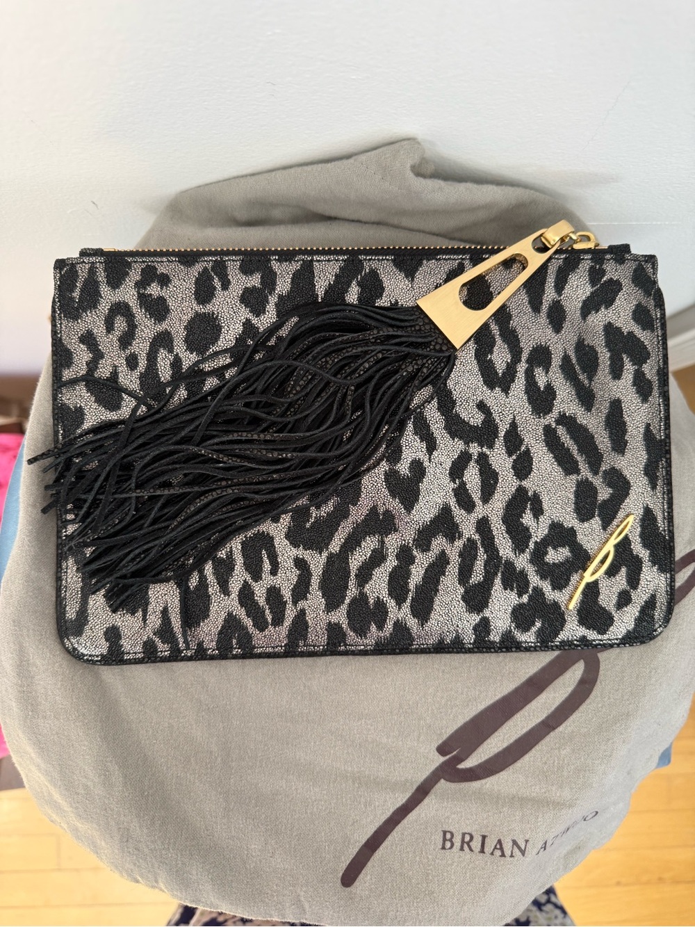 Brian Atwood Black and Silver Leopard Fringe Wristlet Clutch NWOT